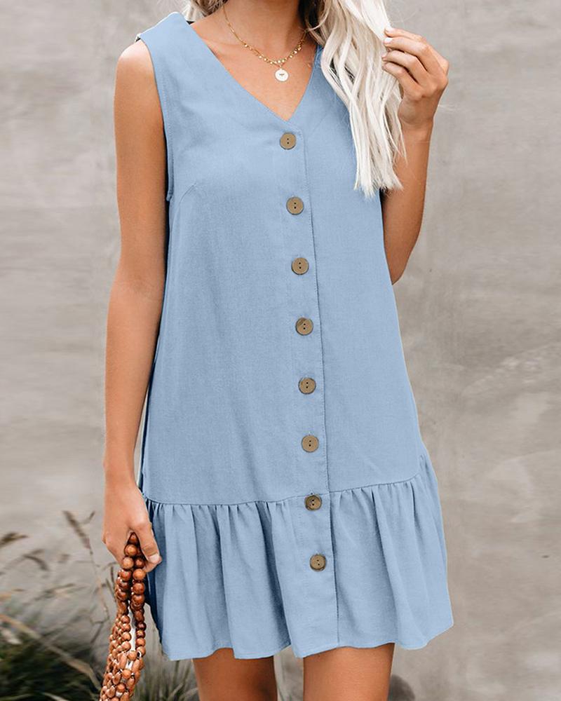 

V Neck Button Front Dress, Blue