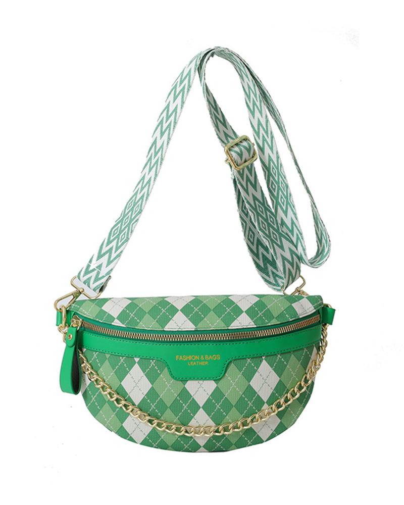 

Chain Decor Zipper Design Crossbody Bag Argyle Fanny Pack, Green