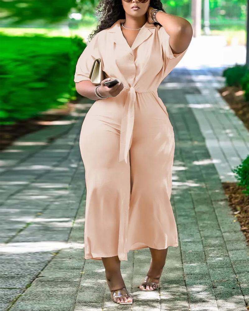 

Knot Hem Button Front Top & Wide Leg Pants Set, Apricot