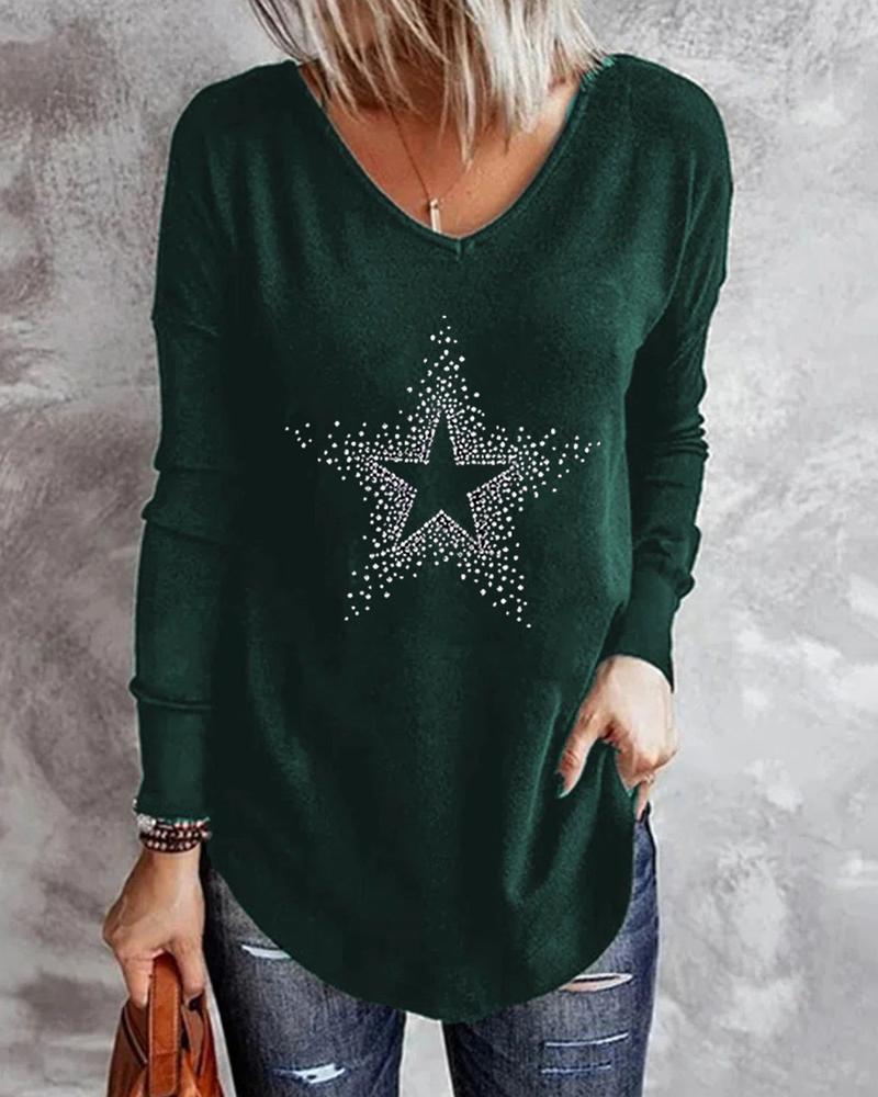 

Star Pattern Long Sleeve Top, Green
