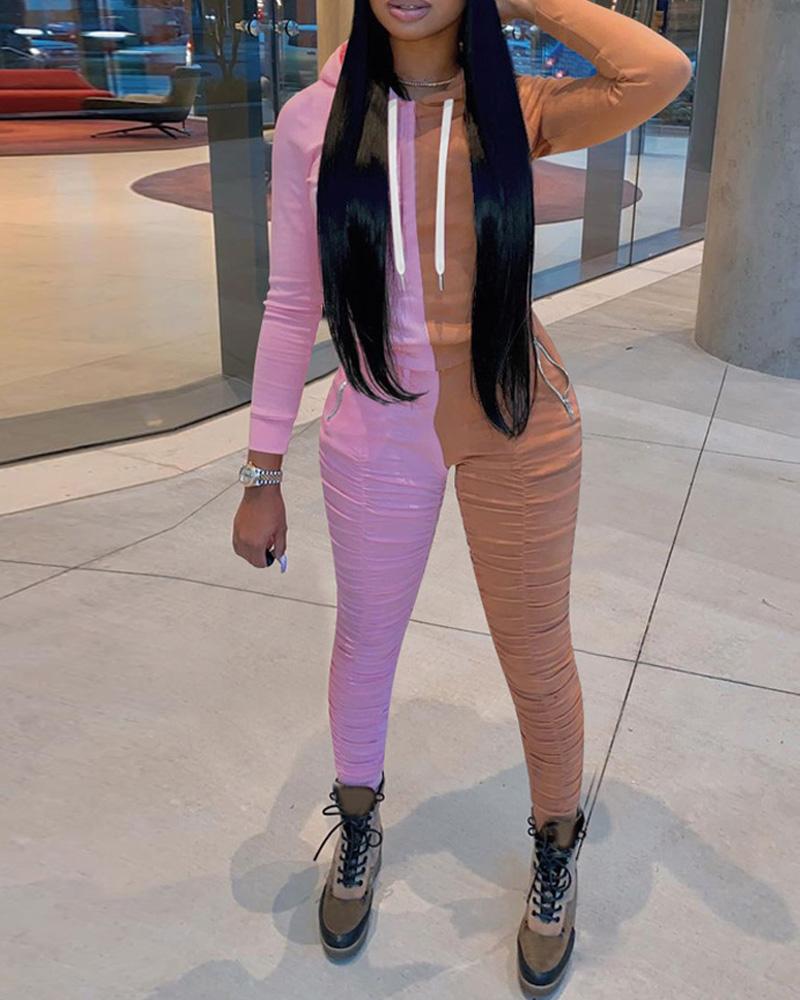 

Colorblock Long Sleeve Drawstring Hoodie & Ruched Pants Set, Style1