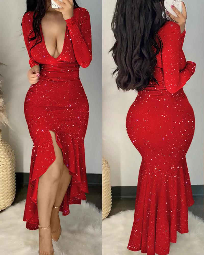 

Glitter Long Sleeve Deep V-Neck Mermaid Dress, Red