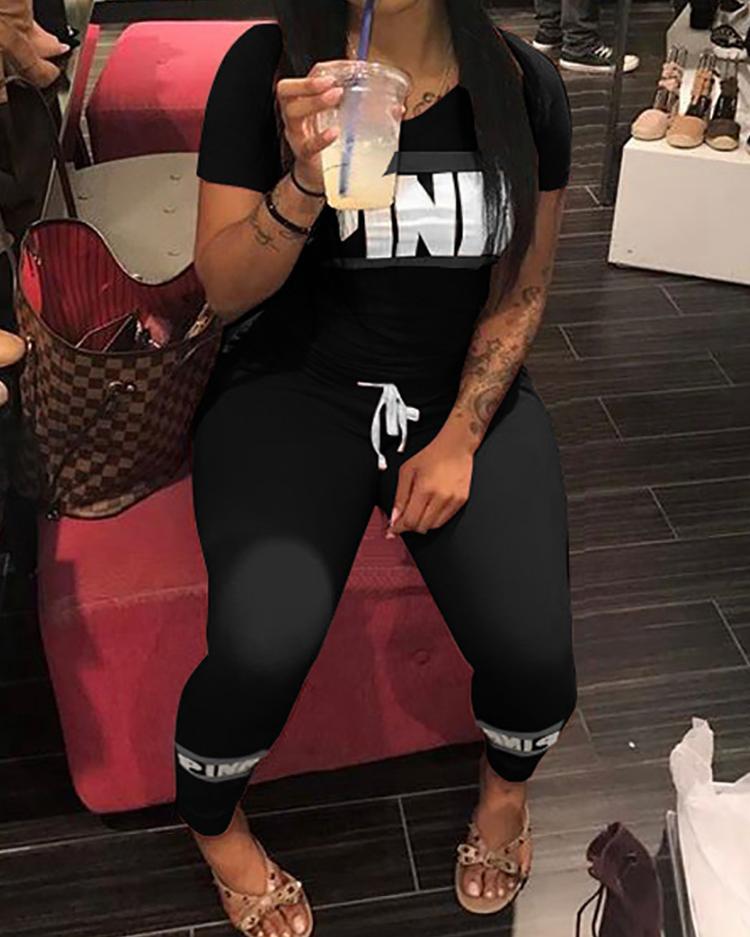 

Letter Print Drawstring Sports Sets, Black