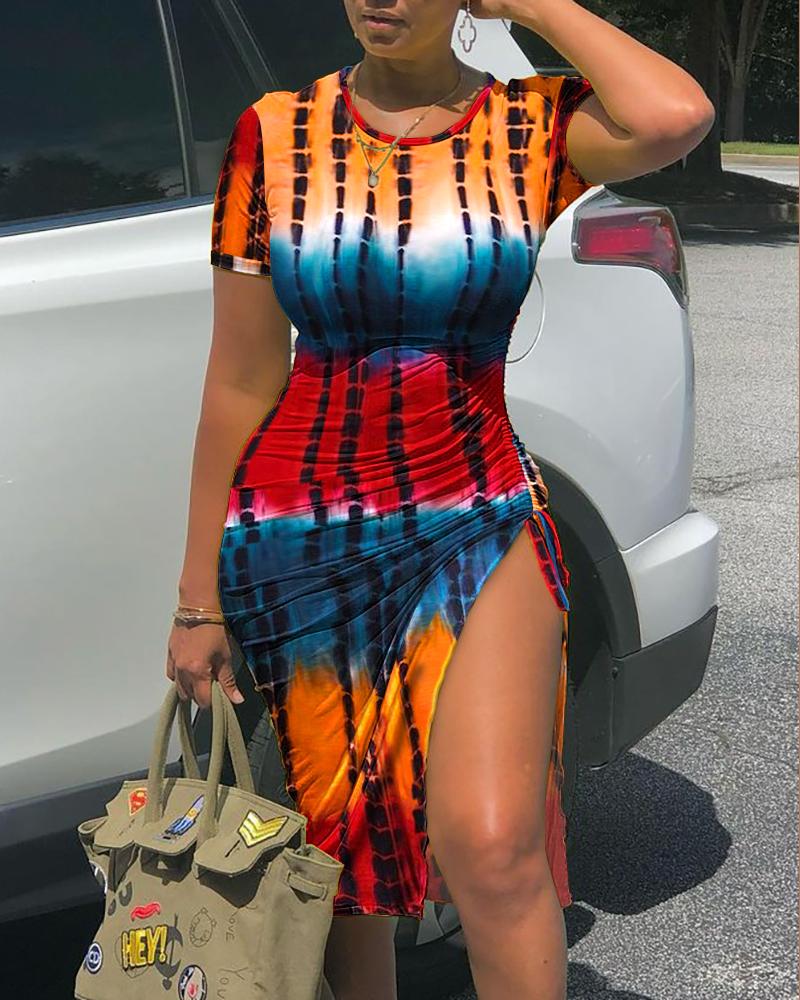 Tie Dye Print Drawstring Ruched High Slit Dress