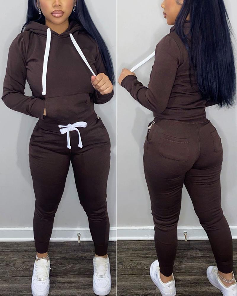 

Plus Size Long Sleeve Hoodie & Drawstring Pants Set, Coffee
