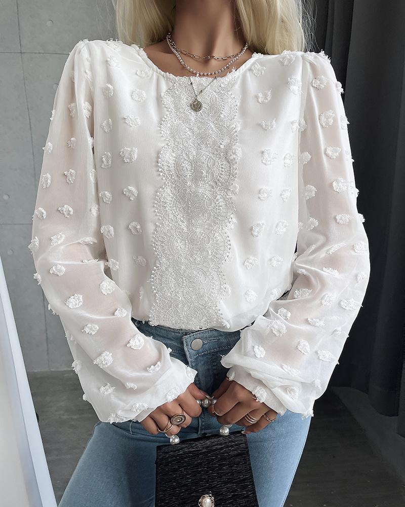

Swiss Dot Lace Patch Long Sleeve Top, White