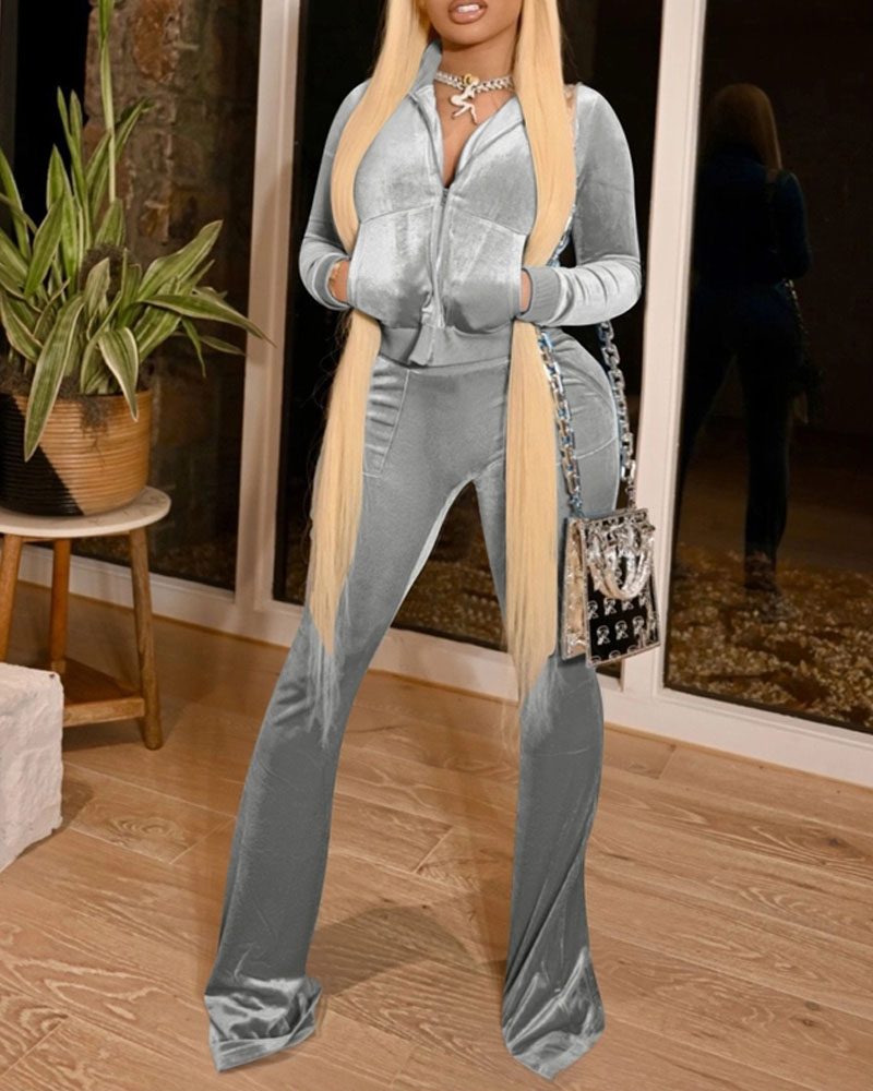 

Velvet Zip Up Crop Top & Flare Leg Pants Set, Gray