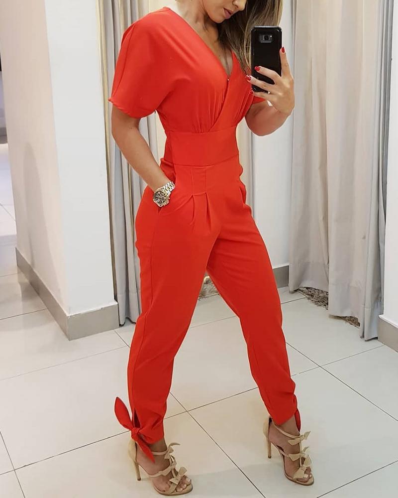 

V Neck Short Sleeve Tied Detail Jumpsuit, Red