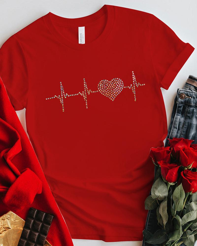 

Valentine's Day Rhinestone Heart Pattern Print T-shirt, Red