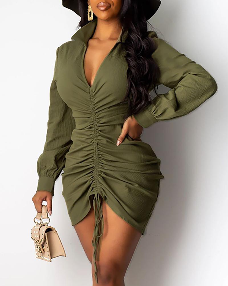 

V Neck Drawstring Long Sleeve Bodycon Dress, Army green