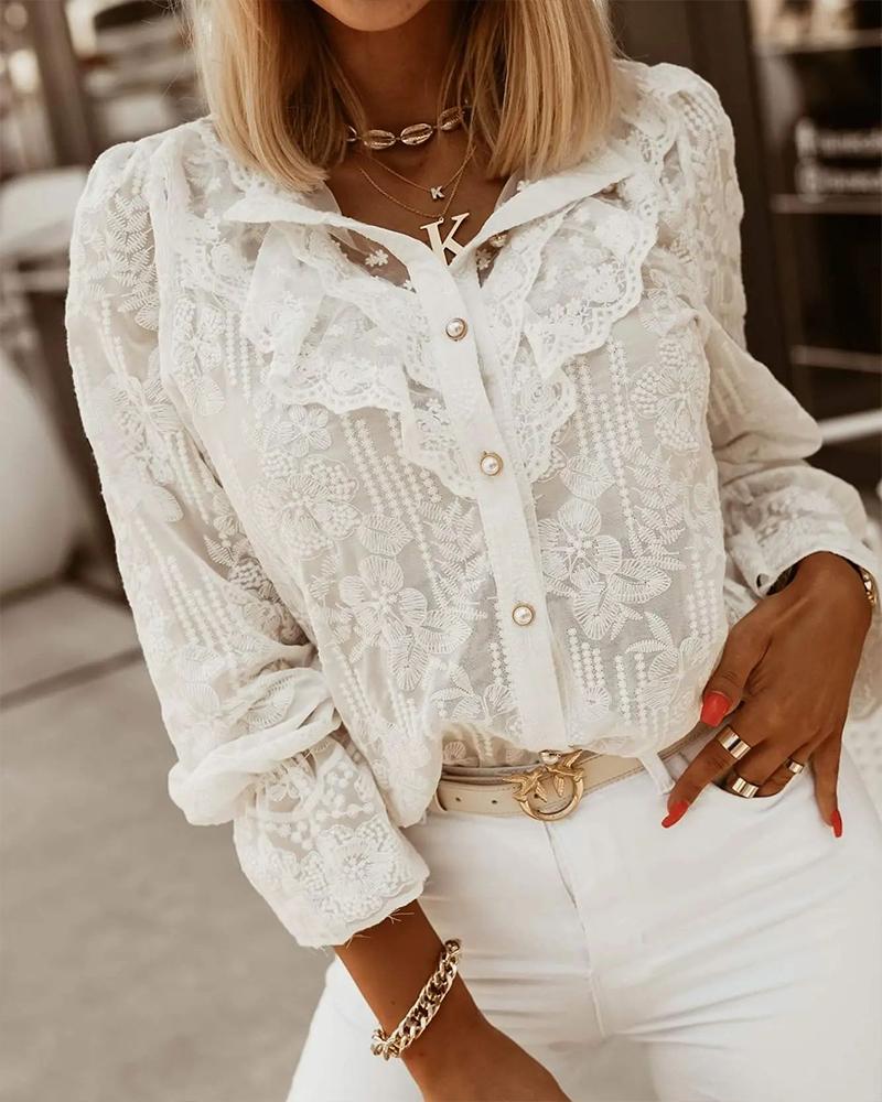 

Embroidery Floral Sheer Mesh Button Down Shirt, White