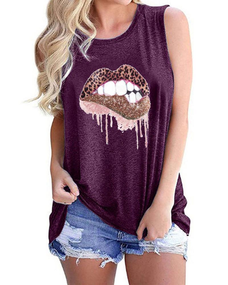 

Women' Casual Tee Leopard Lip Print Sleeveless Tank Top, Purple