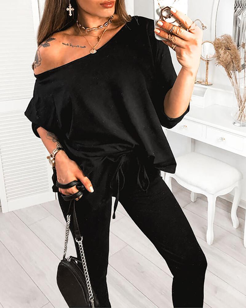 

One Shoulder Top & Drawstring Pants Set, Black
