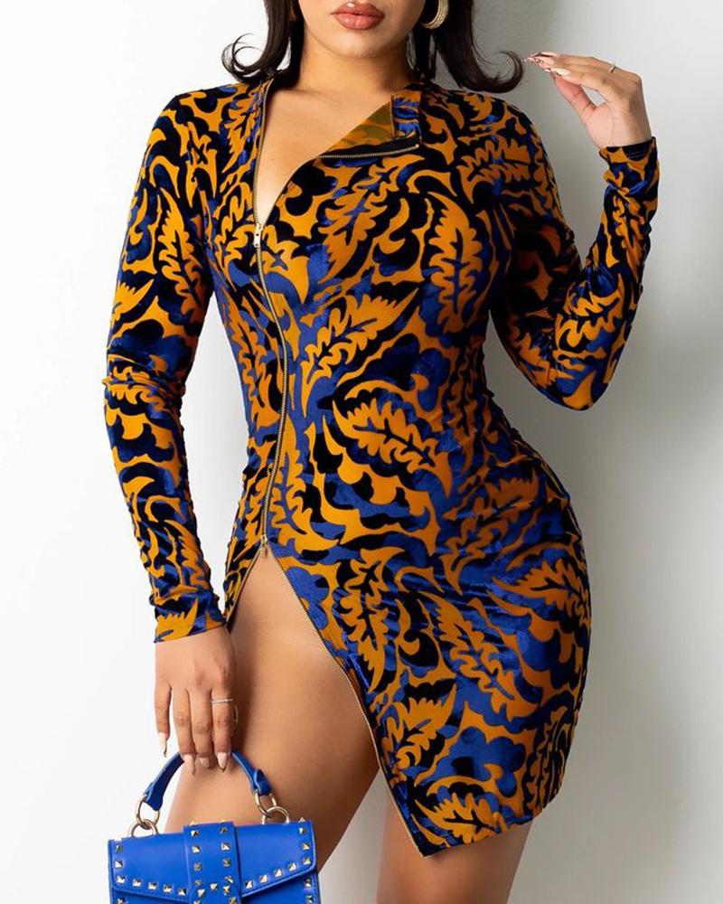 

Zipper Design Colorblock Long Sleeve Bodycon Dress, Multicolor