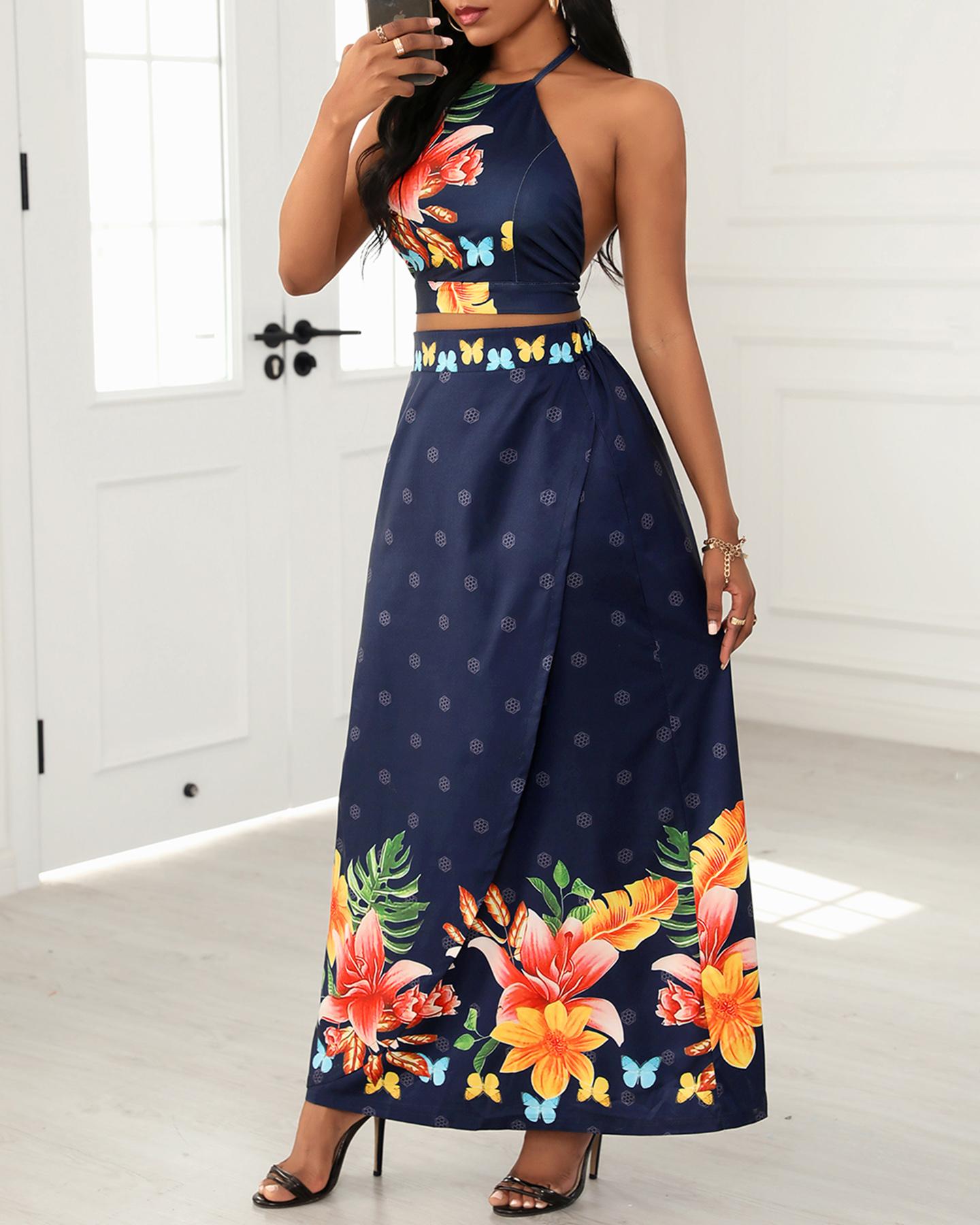 

Halter Backless Butterfly Floral Print Crop Top & High Waist Skirt Sets, Purplish blue