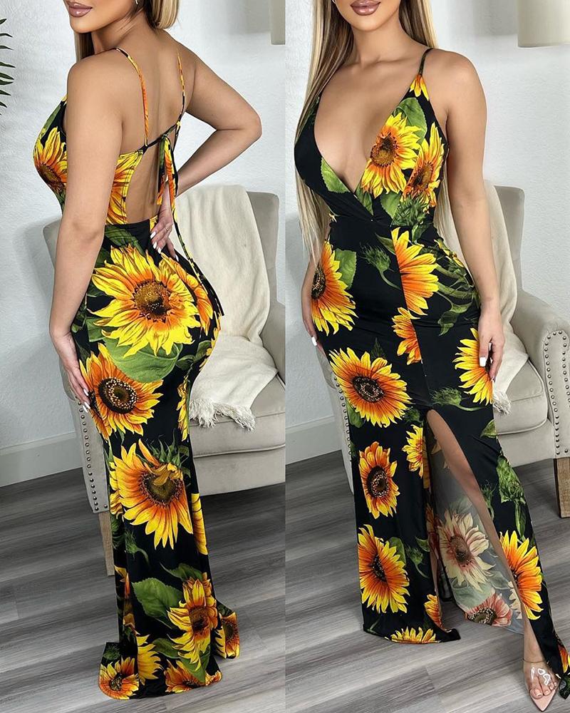 

Sunflower Print Backless Slit Maxi Slip Dress, Black