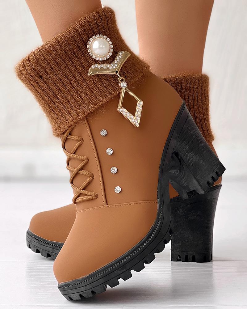 

Rhinestone Decor Lace-up Chunky Heel Lined Ankle Boots, Brown
