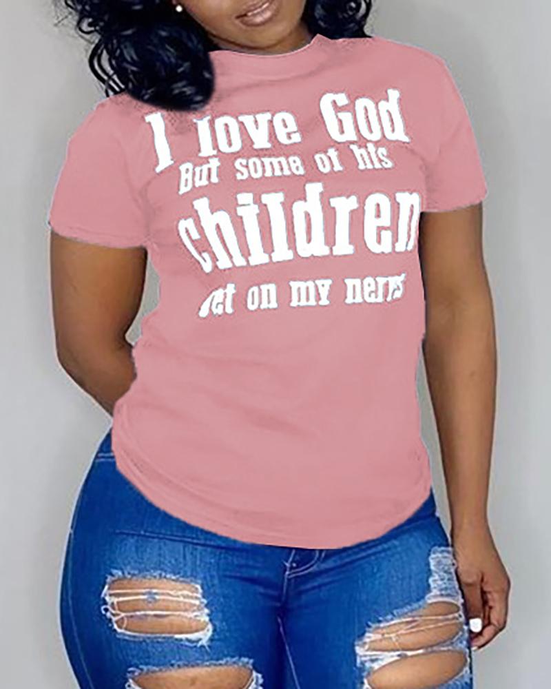

Letter Print Short Sleeve T-shirt, Pink