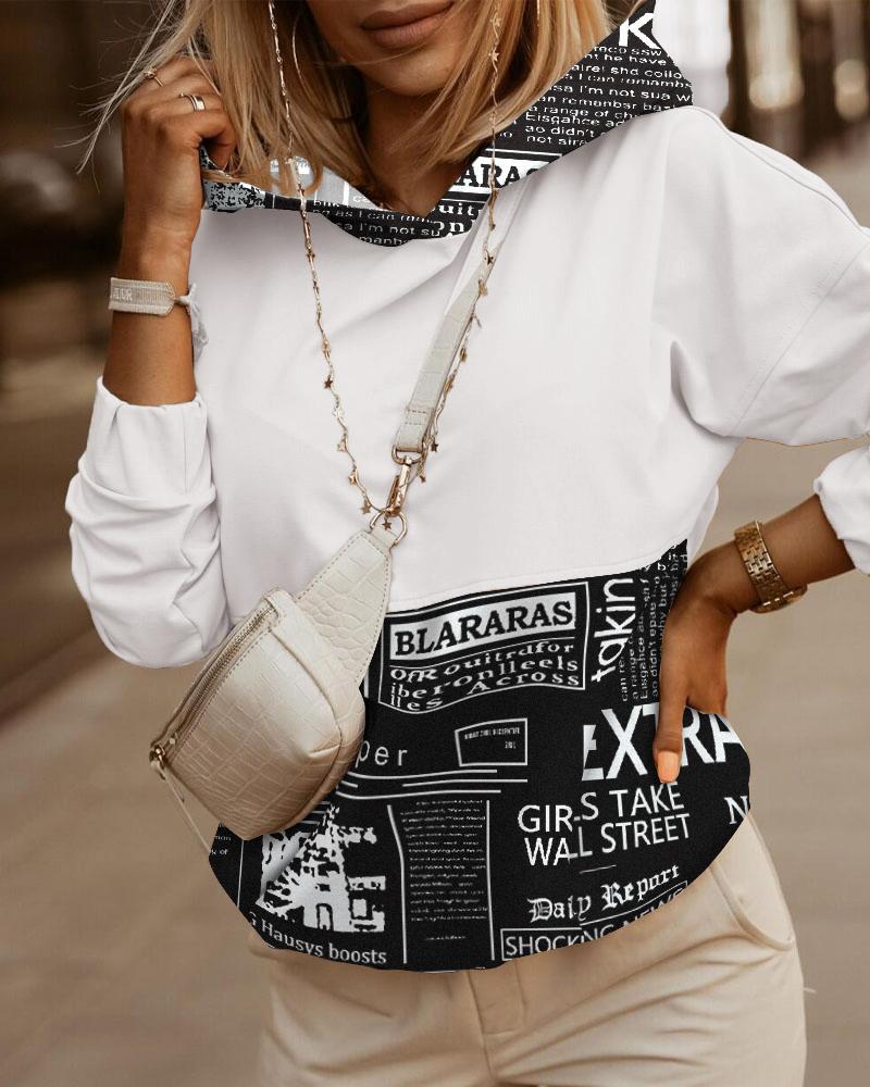 

Newspaper Colorblock Long Sleeve Hooded Sweatshirt, White