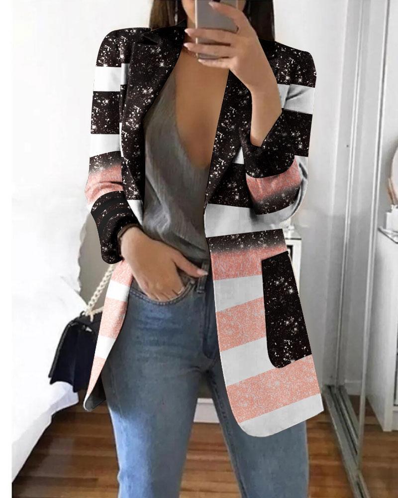 

Striped Glitter Print Long Sleeve Blazer, Pink