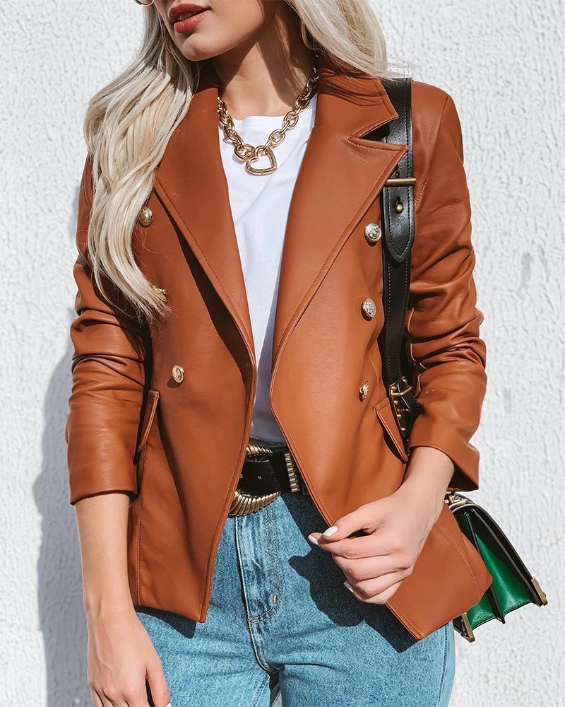

Double Breasted Pocket Design PU Leather Blazer Coat, Dark brown