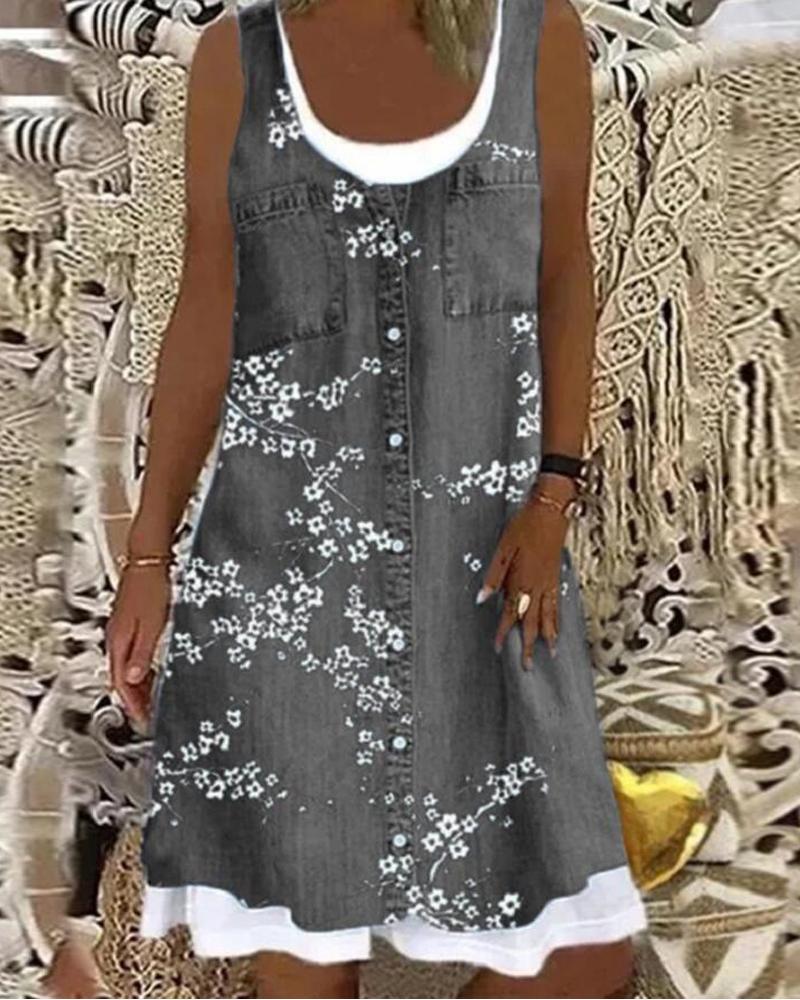 

Floral Print Patchwork Casual Tank Dress, Gray