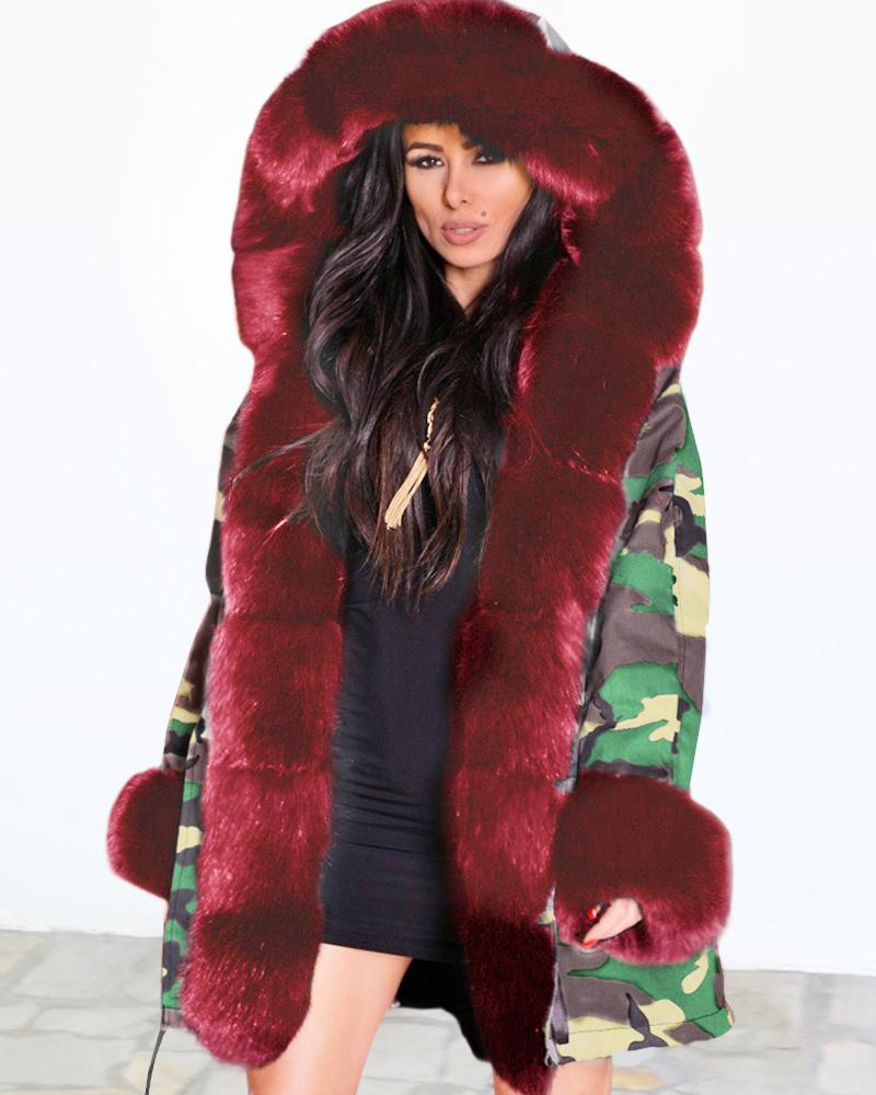 

Camouflage Print Faux Fur Casual Coat, Wine red