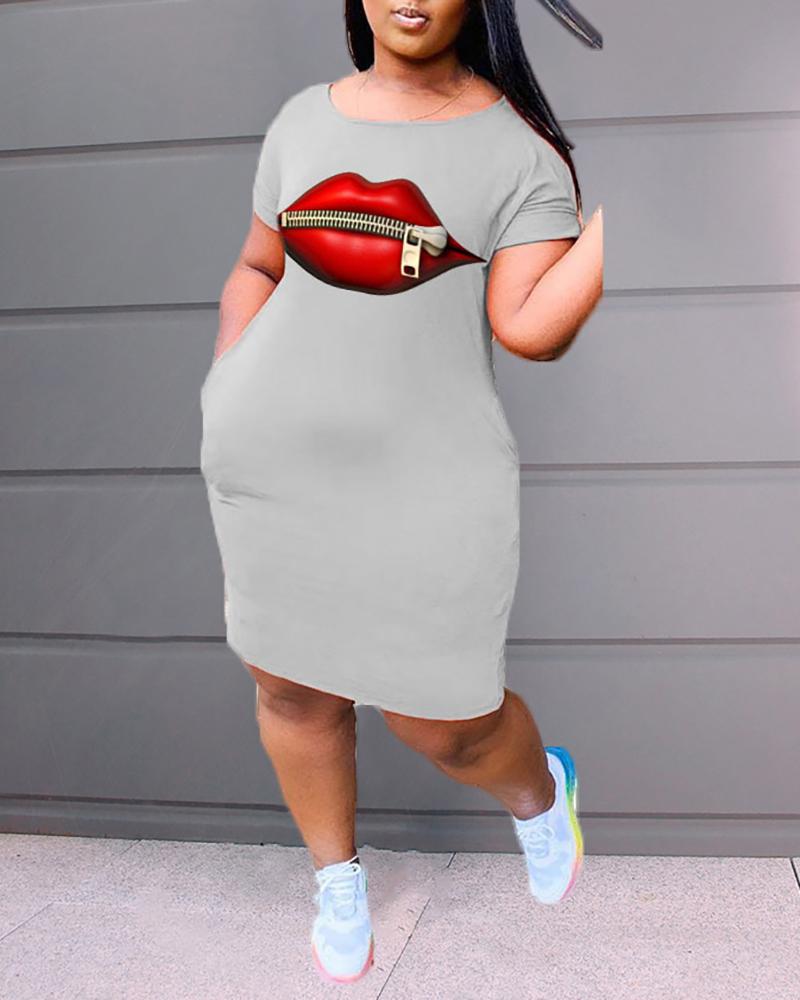 

Lip Zipper Print Short Sleeve Casual Dress, Gray