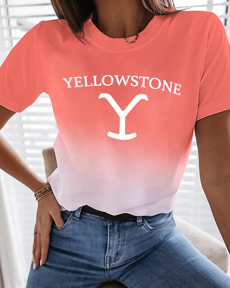 

Yellowstone Graphic Print Ombre Casual T-shirt, Orange