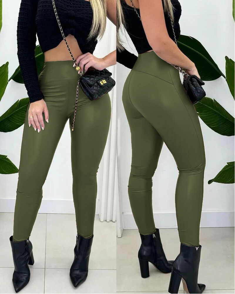 

ChicMe CurveEase PU Leather Leggings High Waist Curved Fleece Lined Tights Casual Pants, Army green