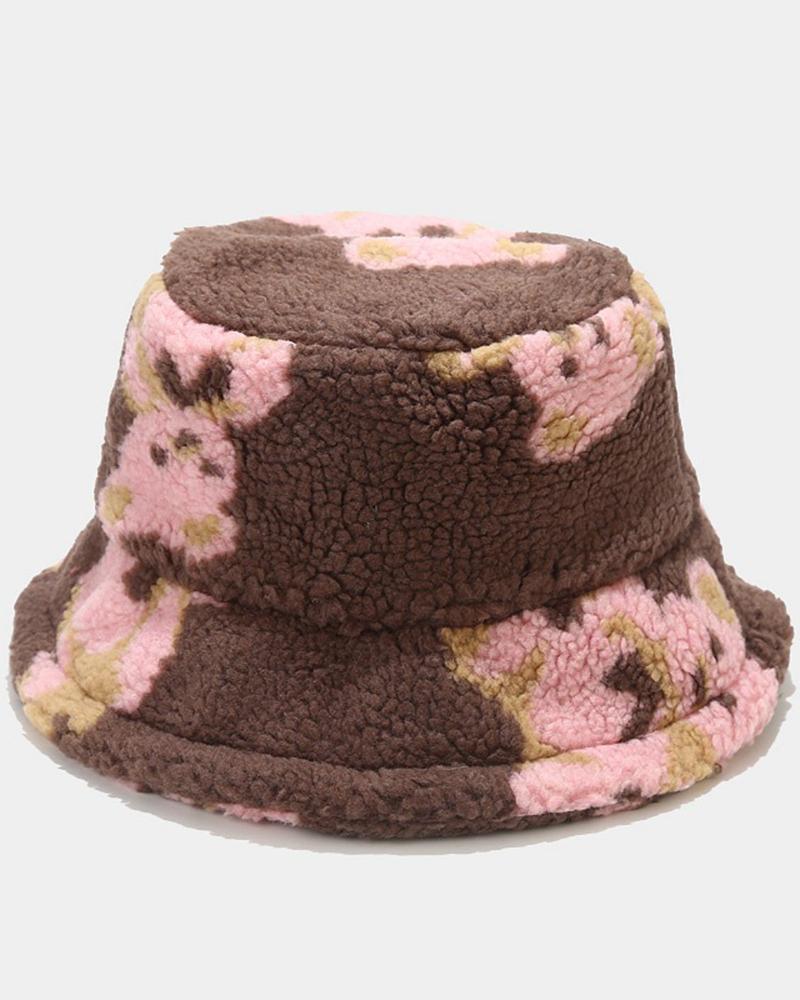 

Teddy Bear Pattern Fuzzy Winter Thermal Bucket Hat, Pink