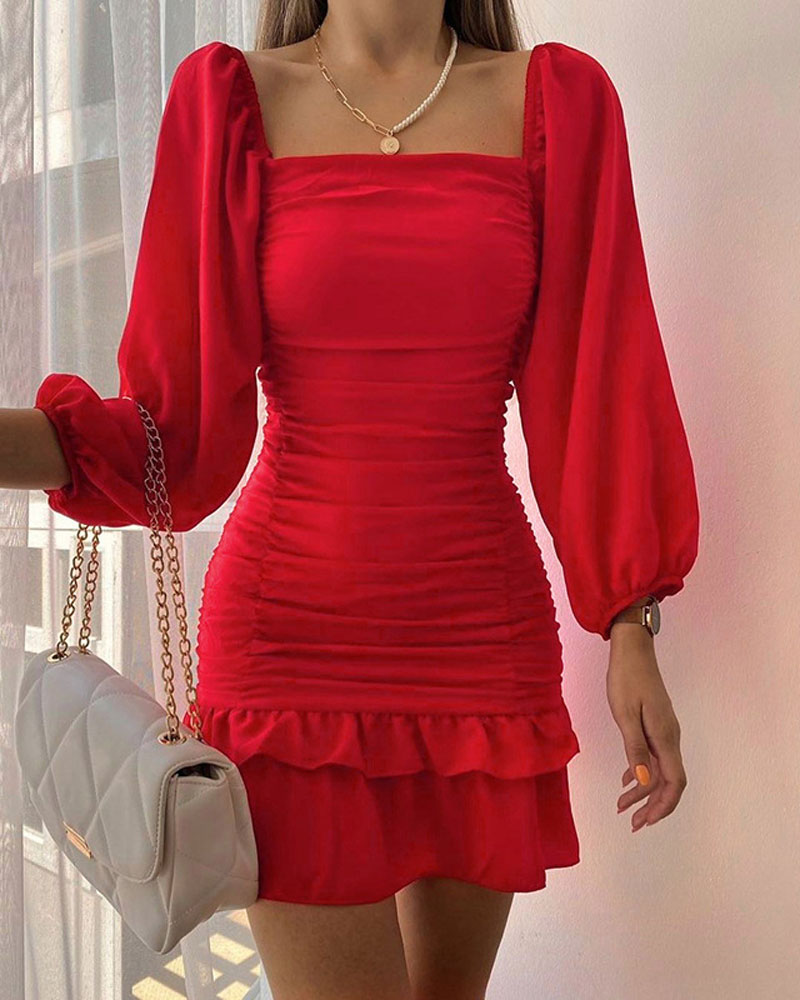 

Lantern Puff Sleeve Ruffle Hem Ruched Bodycon Dress, Red