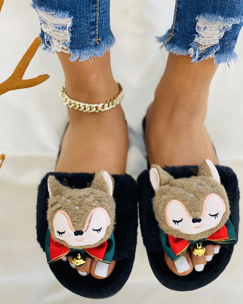 

Christmas Cartoon Pattern Bowknot Bell Decor Slippers, Black