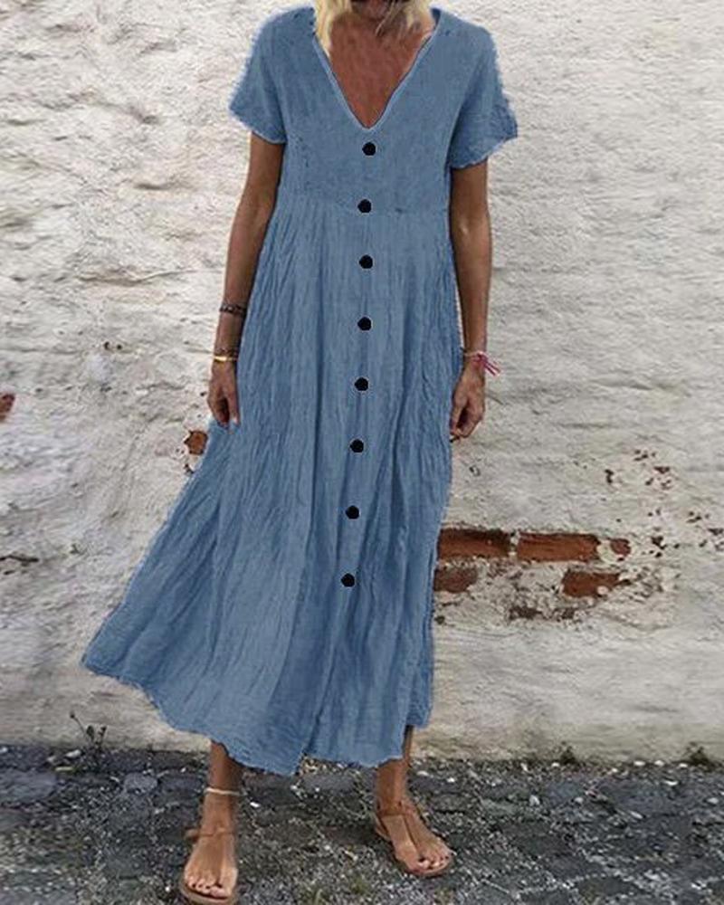 

Button Front V-Neck Casual Dress, Blue