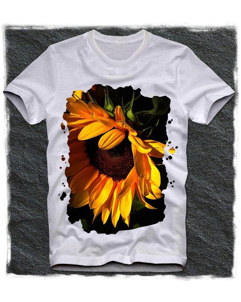 

Sunflower Print Short Sleeve Loose T-shirts, White