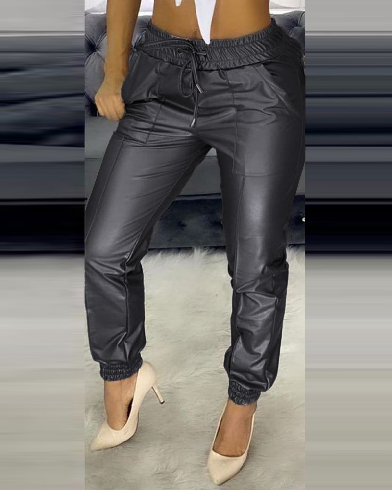 

PU Leather Drawstring Cargo Pants, Black