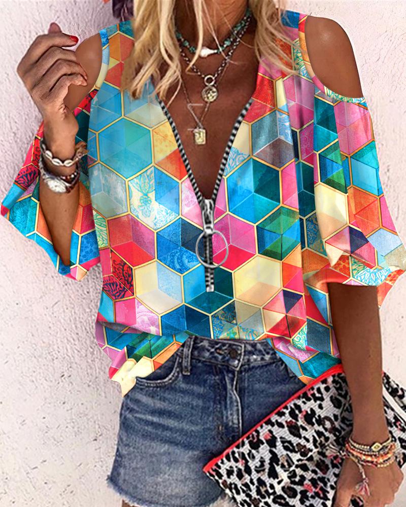 

Geometric Print Cold Shoulder Top, Multicolor