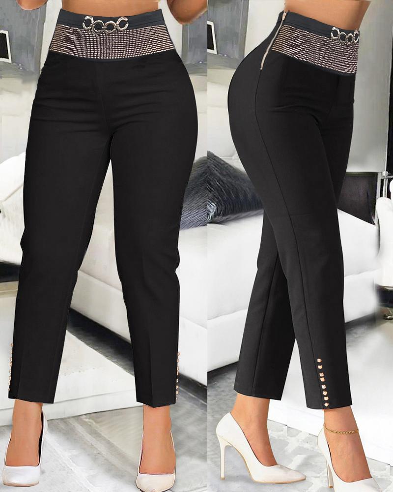 

High Waist Chain Decor Work Pants, Black