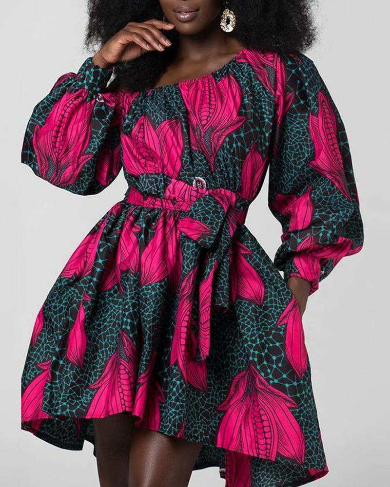 

Printing Long Sleeve Skinny Waist Mini Dress, Hot pink