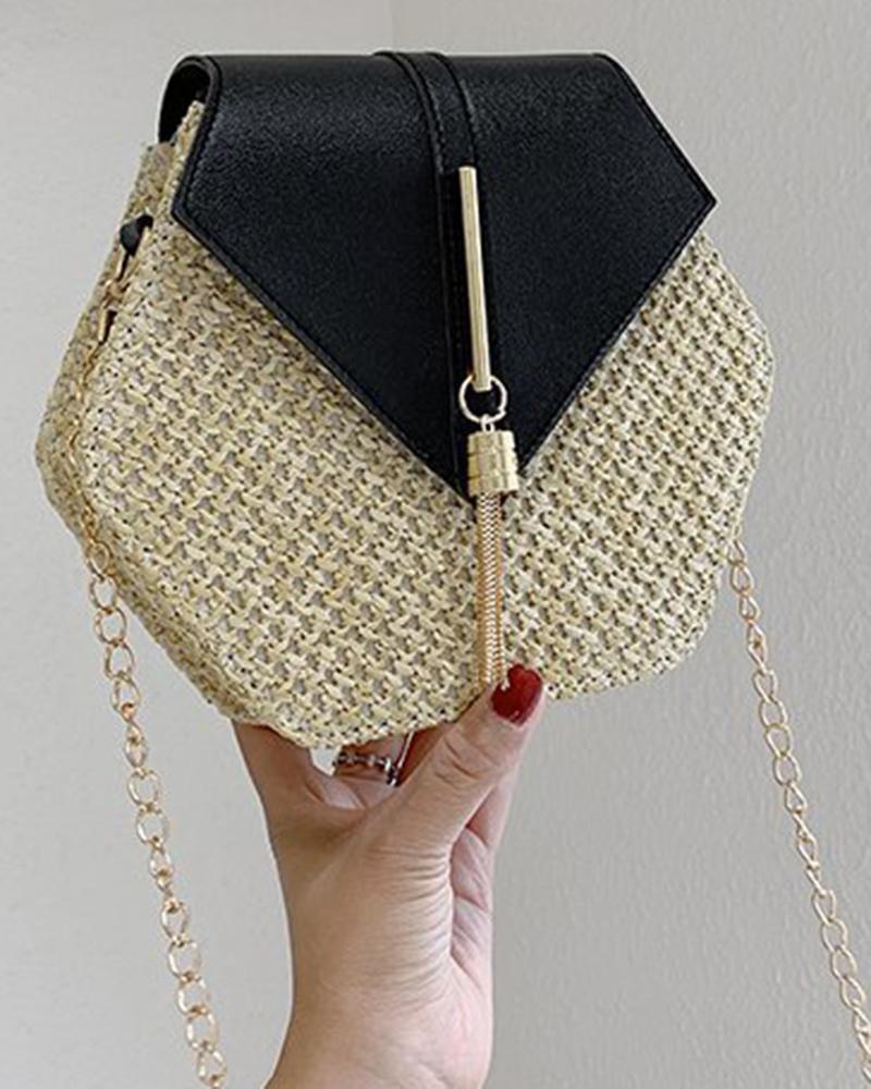 

Colorblock Tassel Design Hexagonal Shaped Straw Shoulder Bag, Black