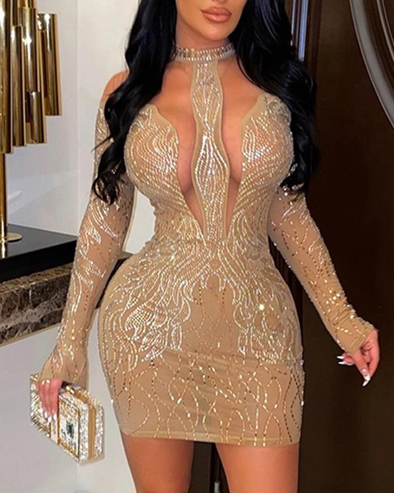 

Rhinestone Decor Sheer Mesh Party Dress, Khaki