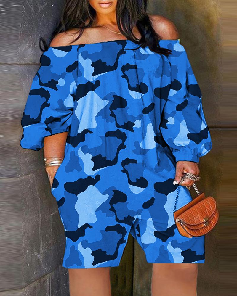 

Plus Size Camouflage Print Off Shoulder Casual Romper, Blue