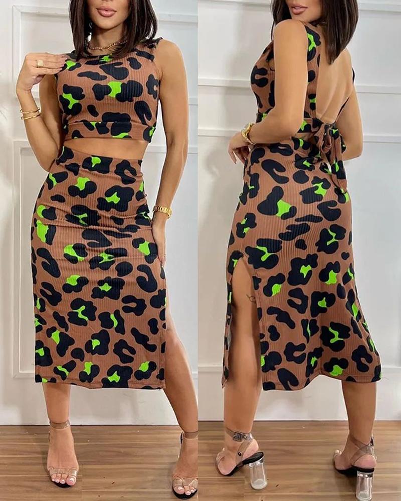 

Leopard Print Tied Detail Top & Skirt Set, Green