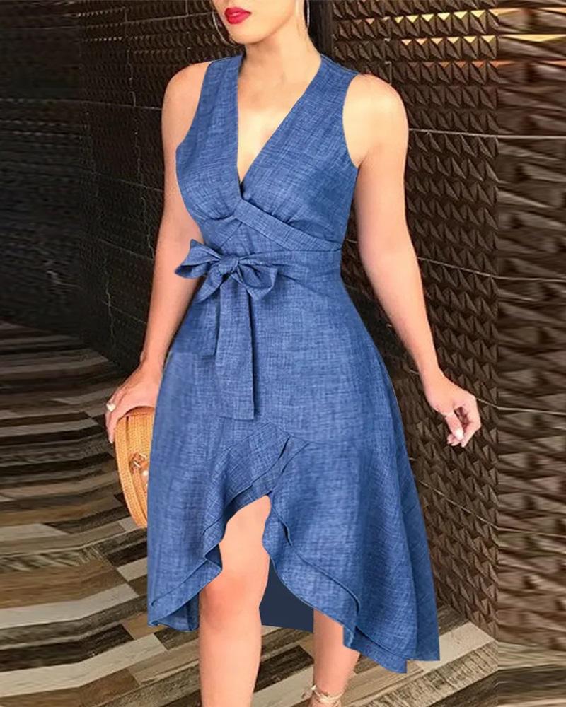 

Sleeveless Ruffle Hem Belted Asymmetrical Dress, Blue