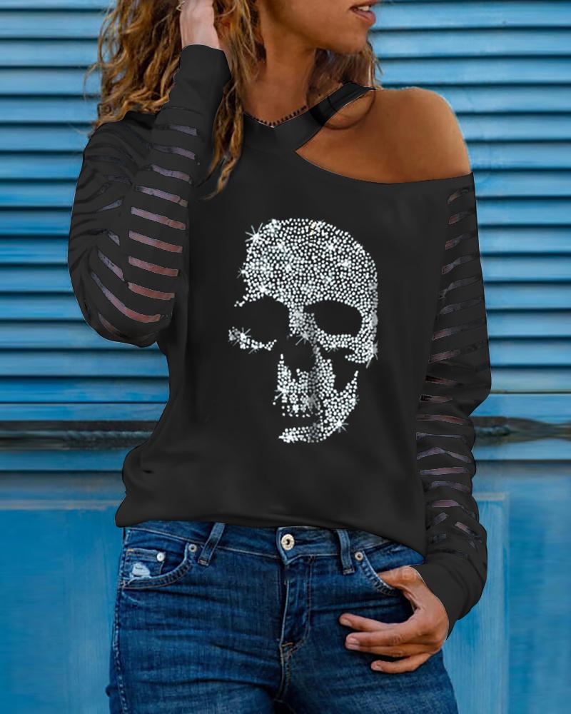 

Studded Skull Pattern Cold Shoulder Mesh Long Sleeve Women Top, Black
