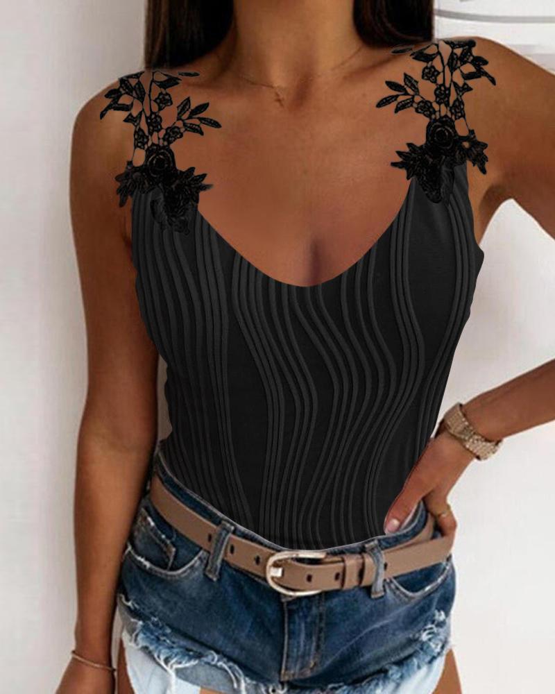 

Lace Patch Textured Tank Top, Black