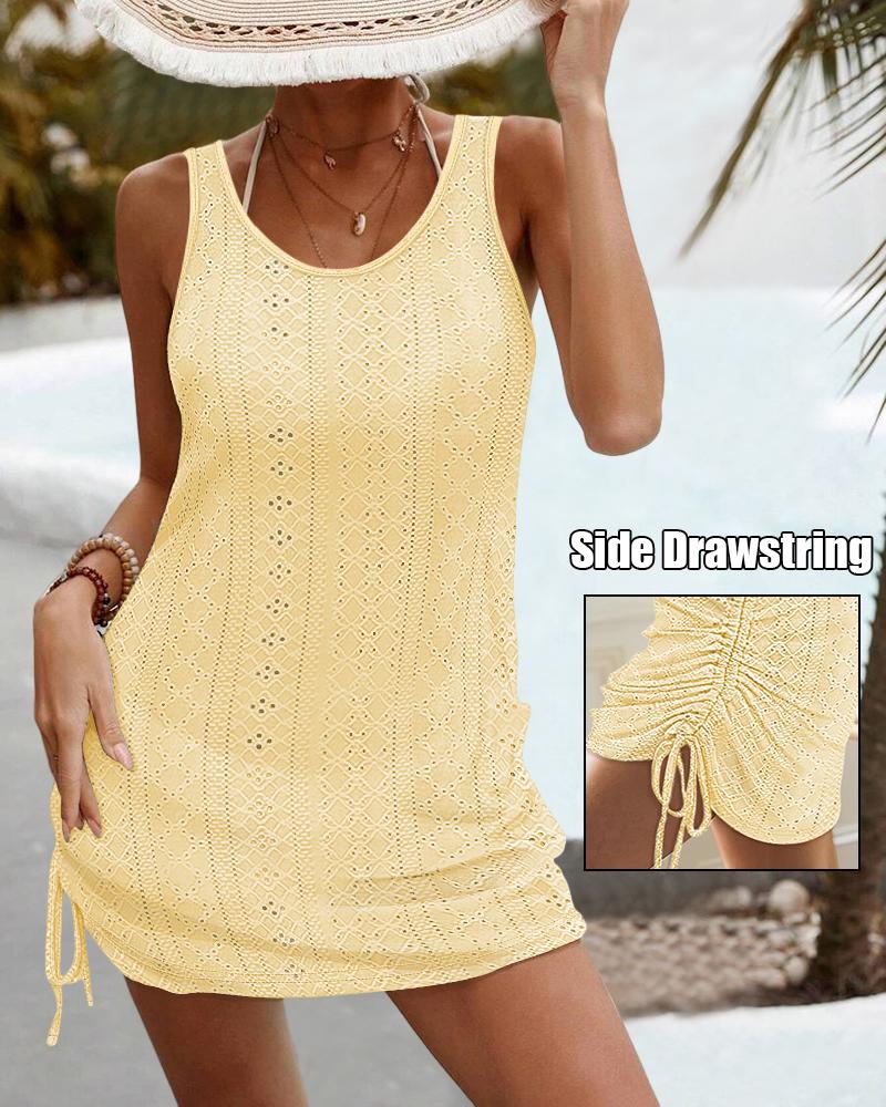 

Vestido curto com alças grossas vazadas e amarradas nas costas, vestido de férias, Yellow