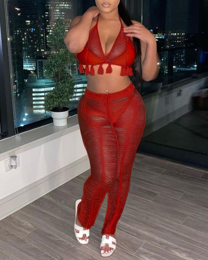 

3PCS Cutout Tassel Detail Bikini Set With Cover Up, Red