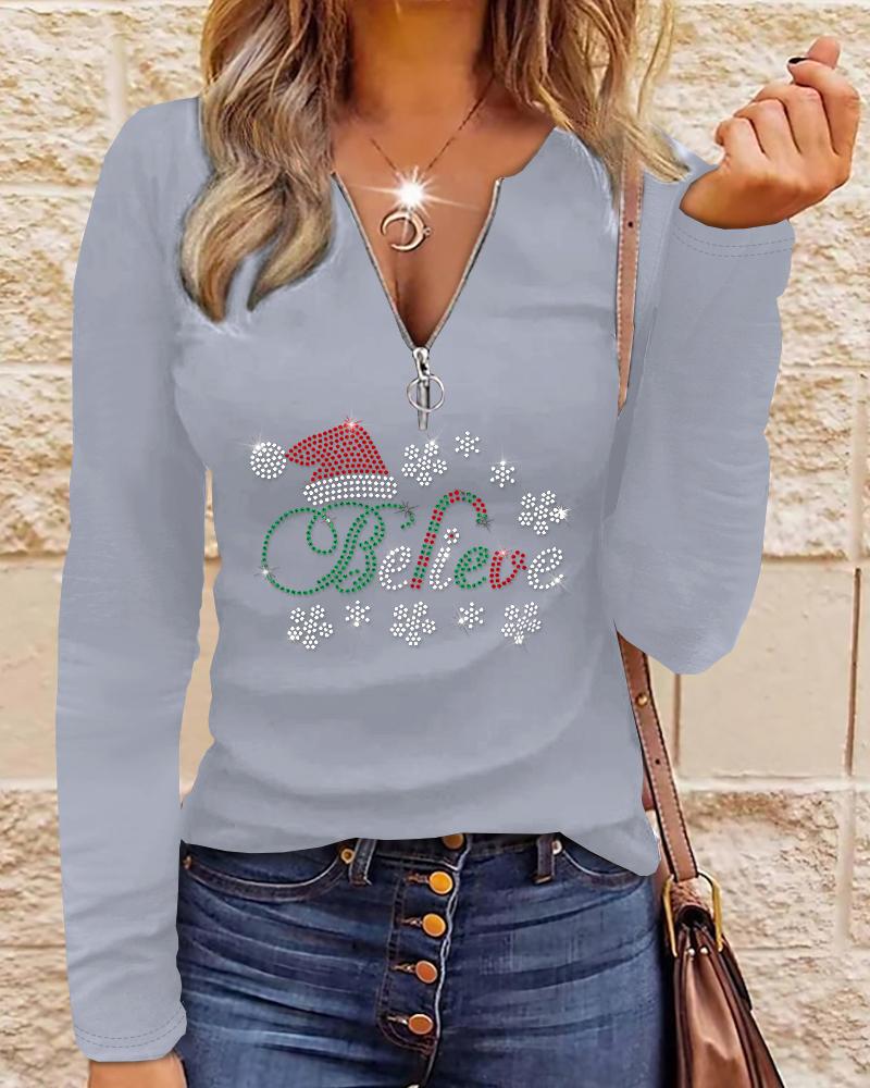 Christmas Hat Letter Rhinestone Decor Zipper Fly Top