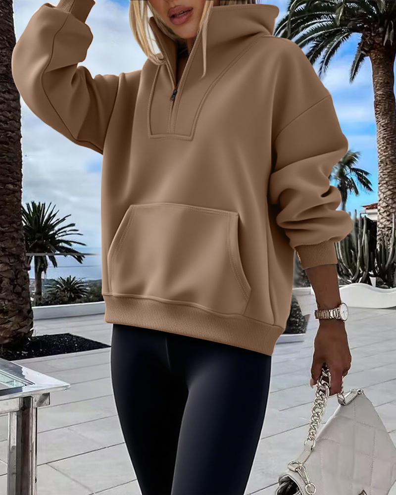 

Sudadera informal con cuello alto, media cremallera, manga larga, bolsillo tipo canguro y hombros caídos, Brown
